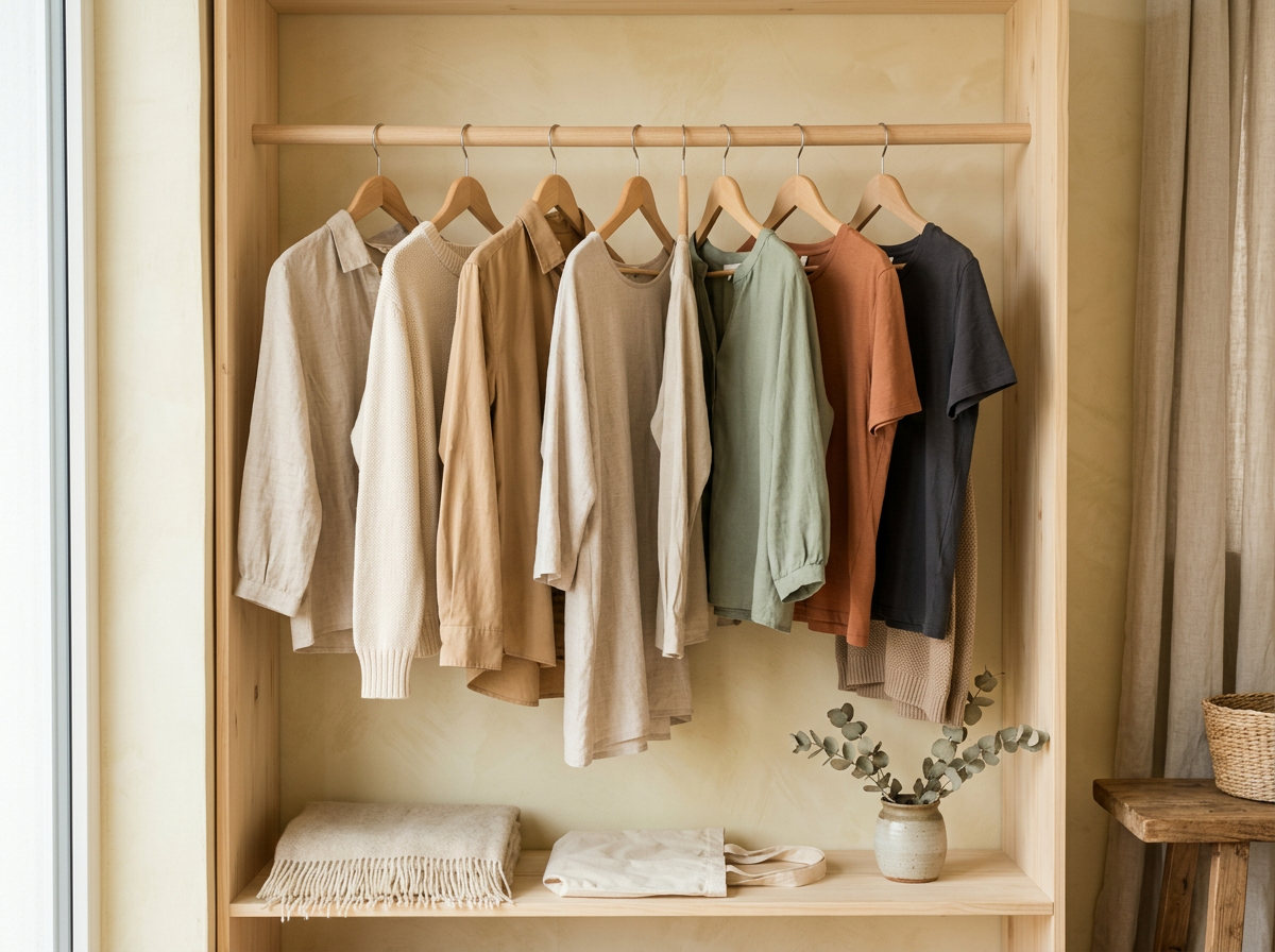 Eco clothing on wooden hangers